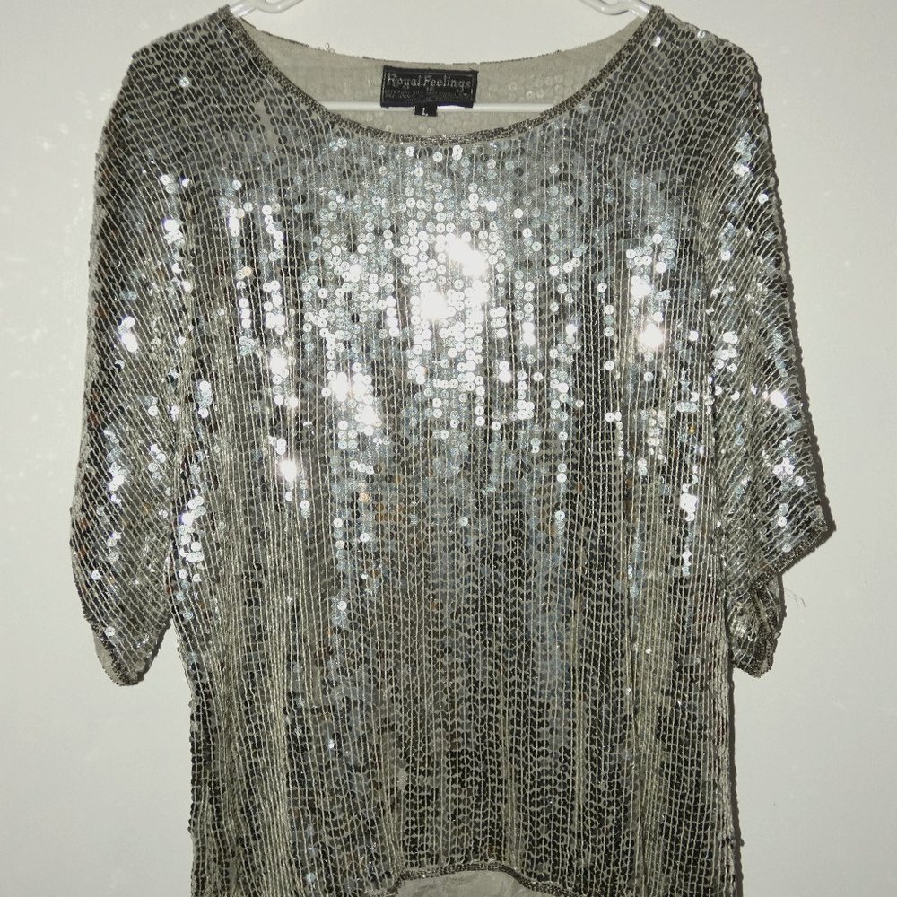 Vintage Royal Feelings Silk Sequence Silver Blouse, Size L, Made in India